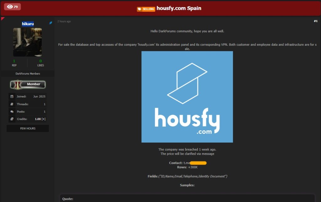Hikaru claims Housfy data breach on Hacker Forum