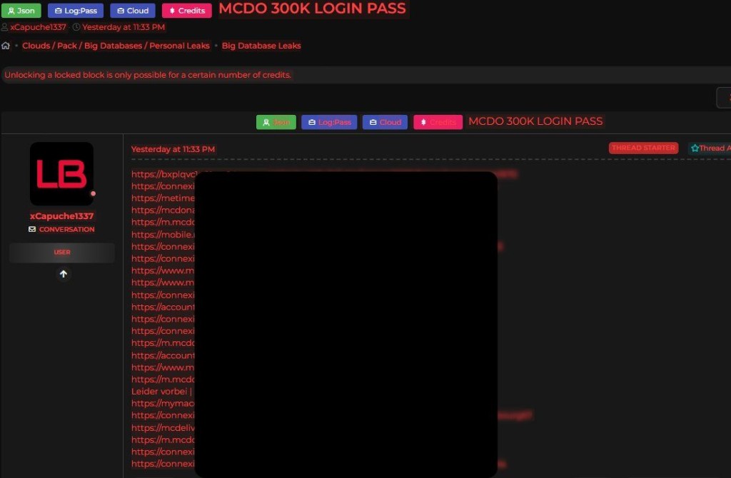 Screenshot of the dark web McDonald’s breach post 
