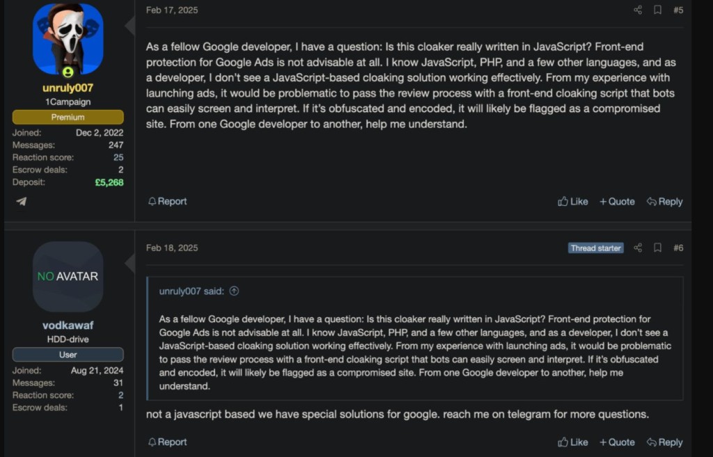 Message on cybercrime forum referencing JavaScript usage