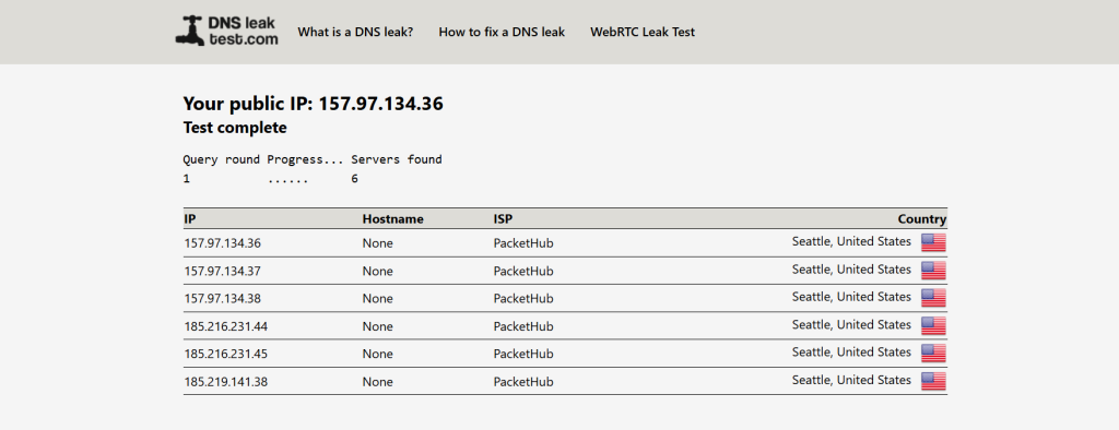 Only the VPN provider's DNS server shows up, thereby, no leaks