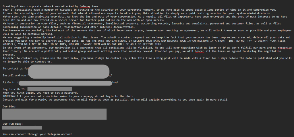 SafePay ransom note found on Ingram Micro devices