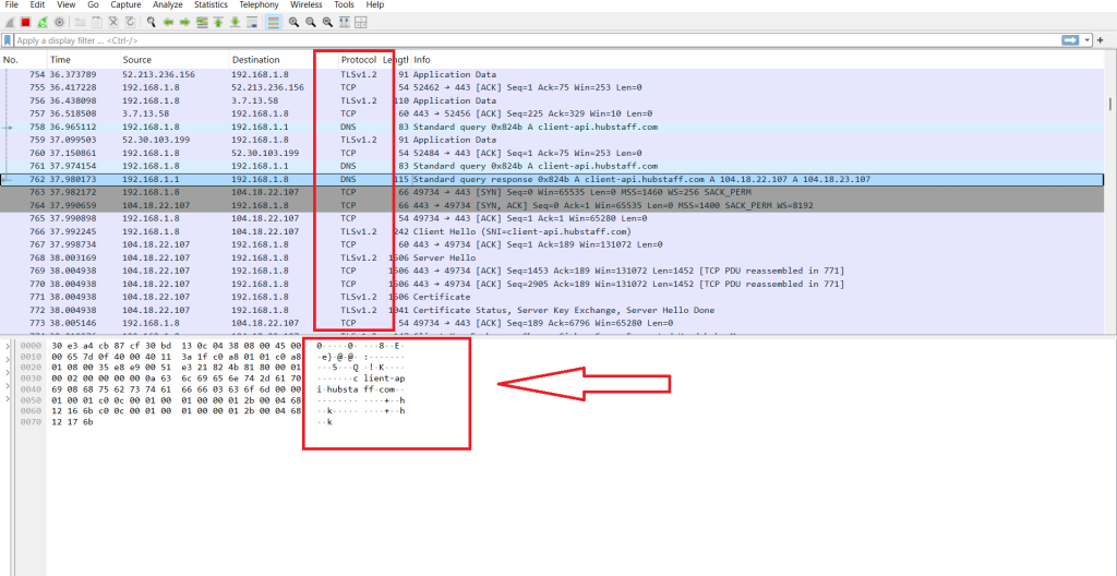 As shown in our screenshot below, the website names are visible in the contents of the data packets, which means that the data isn’t encrypted.