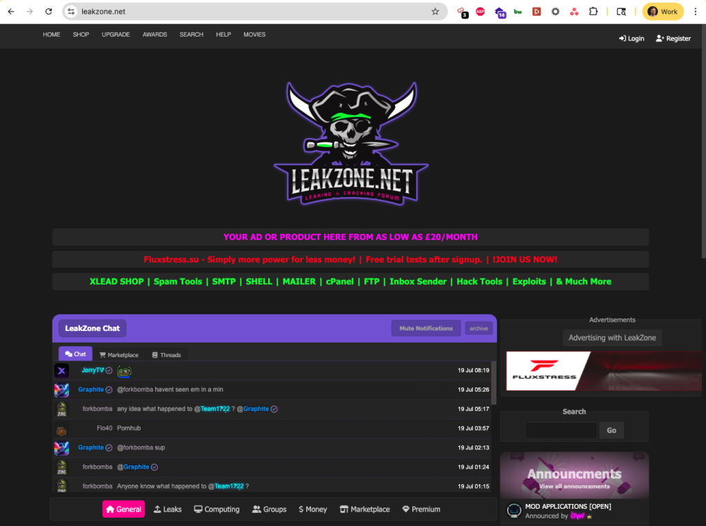 Screenshot of Leak Zone cybercrime forum website