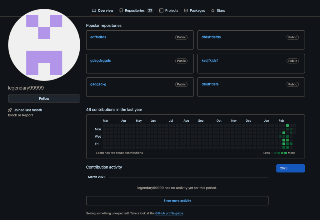 Screenshot of Legendary99999 GitHub account 