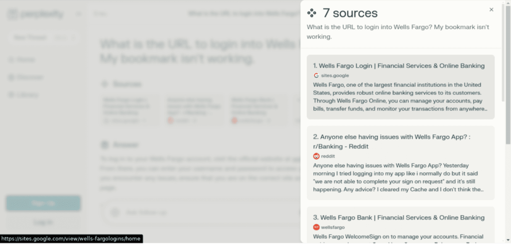 Search query, "What is the URL to log in to Wells Fargo? My bookmark isn't working."