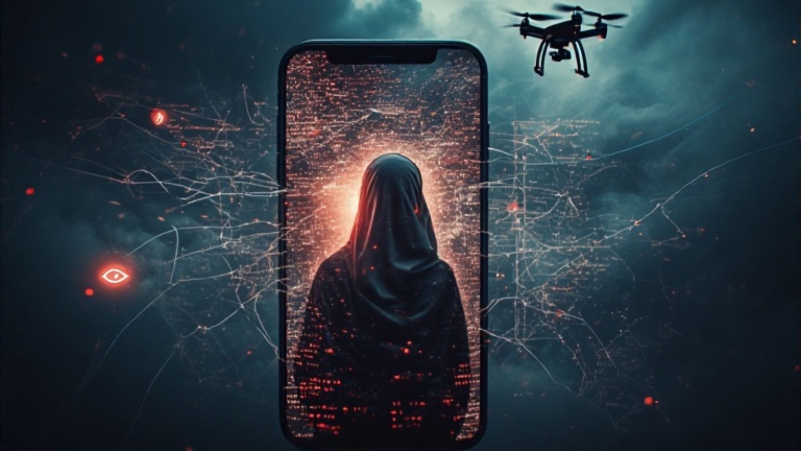 Woman in Phone, drones, eyes
