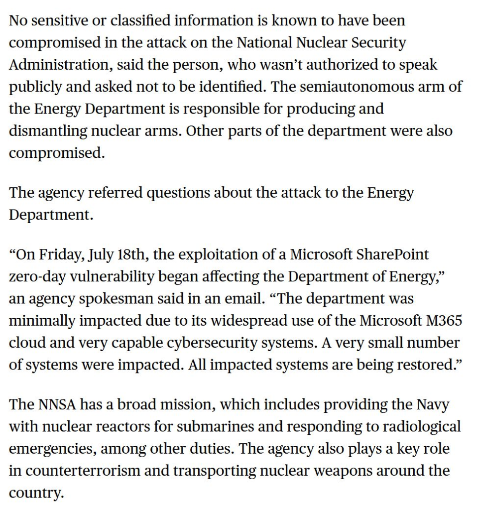 Bloomberg reports the NNSA was breached in the SharePoint hack 
