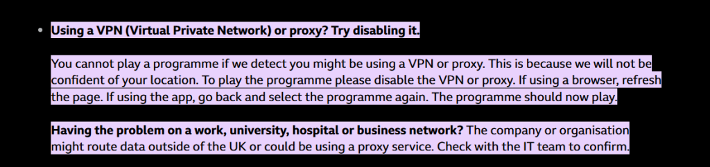 BBC iPlayer vpn message