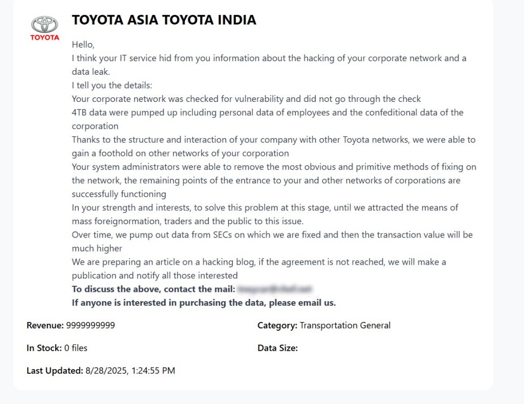 Black Nevas claims it infiltrated Toyota India’s systems