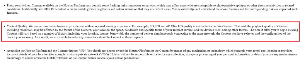 Disney+ Hotstar terms and conditions regarding the content availability