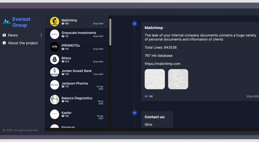 Everest claims exfiltrating data from Mailchimp 