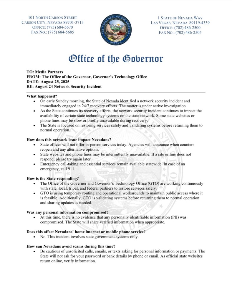 Governor Lombardo's office announces a “network security incident” 