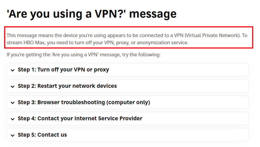 Are you using a VPN? error message from HBO