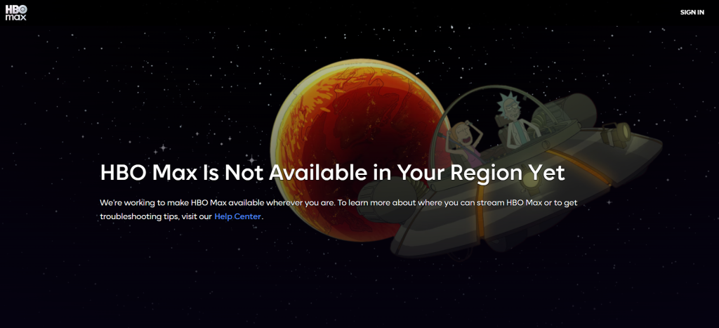 HBO Max error message when you access outside the US.