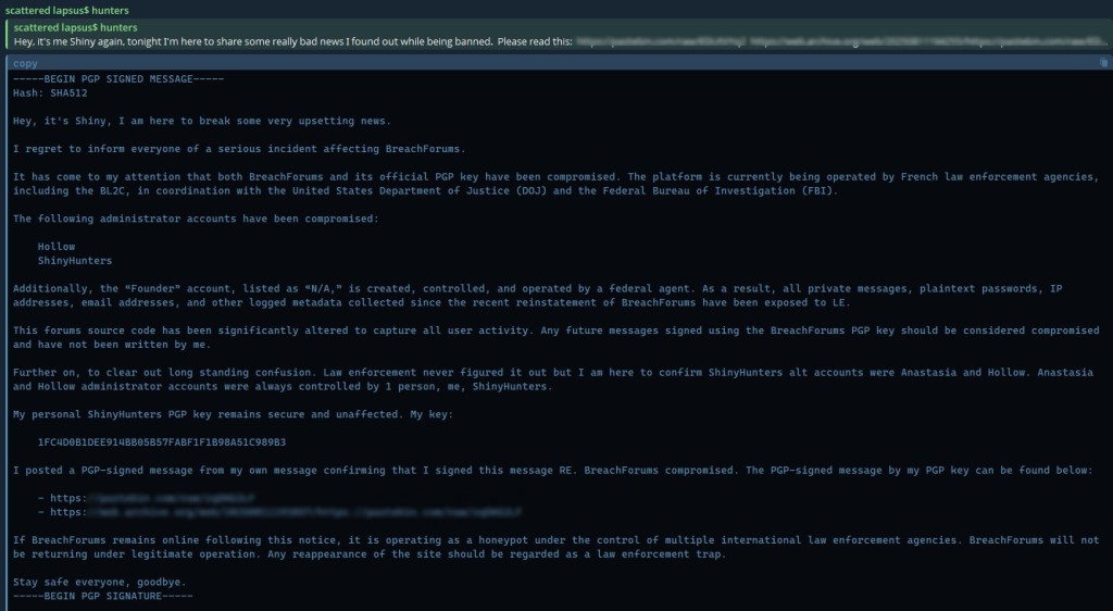 ShinyHunters BreachForums announcement