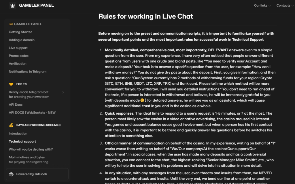 Translated version of the Gambler Panel’s instructions on managing chat support conversations with users