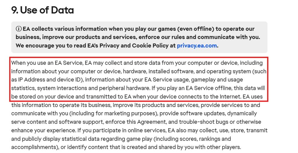 EA User Agreement showing that EA collects data including IP addresses, device IDs, and usage statistics.