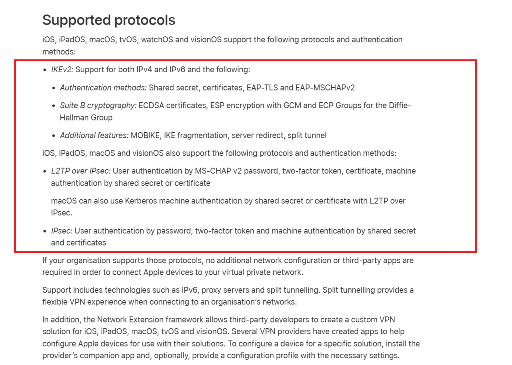 Table of supported VPN protocols and authentication methods for Apple operating systems