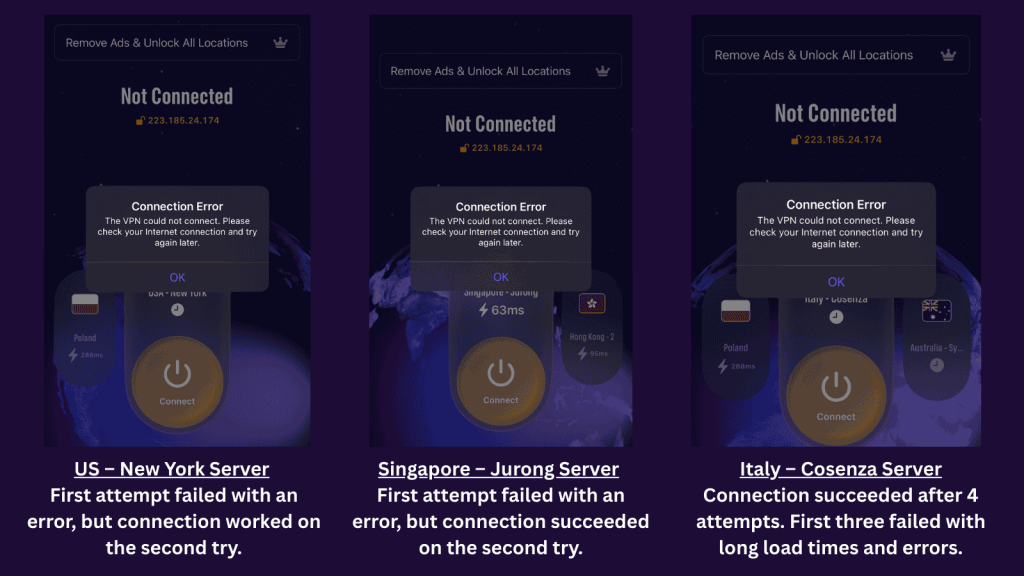 EventVPN connection error messages across New York, Singapore, and Italy servers