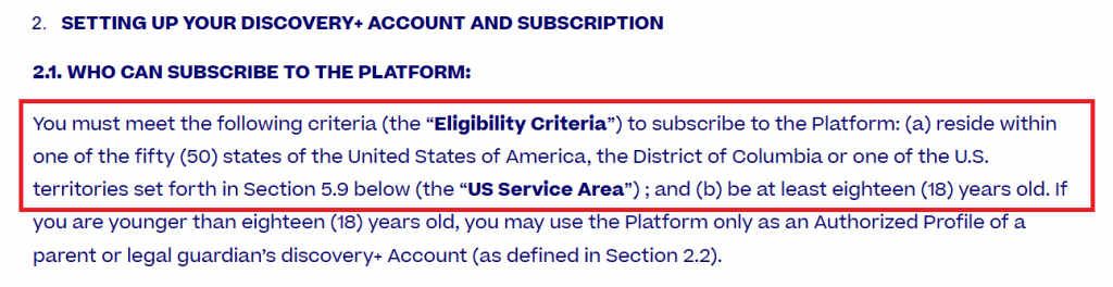 Screenshot of Discovery+ eligibility criteria stating users must reside in the U.S. or its territories and be at least 18 years old.