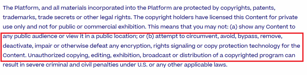 Copyright notice explaining that content is licensed for private use only and must not be shown publicly or bypassed using encryption tools.