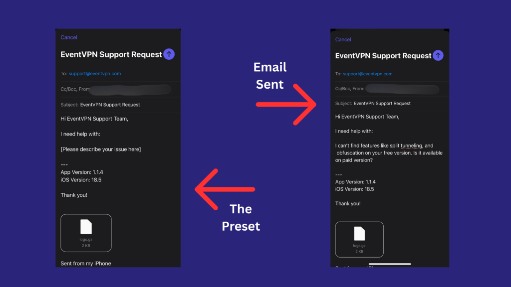 Email drafts to EventVPN support with query about missing VPN features