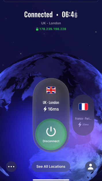 VPN interface showing active connection to UK server with latency and IP details.