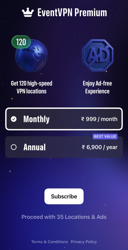 EventVPN Premium pricing screen showing monthly and annual subscription options