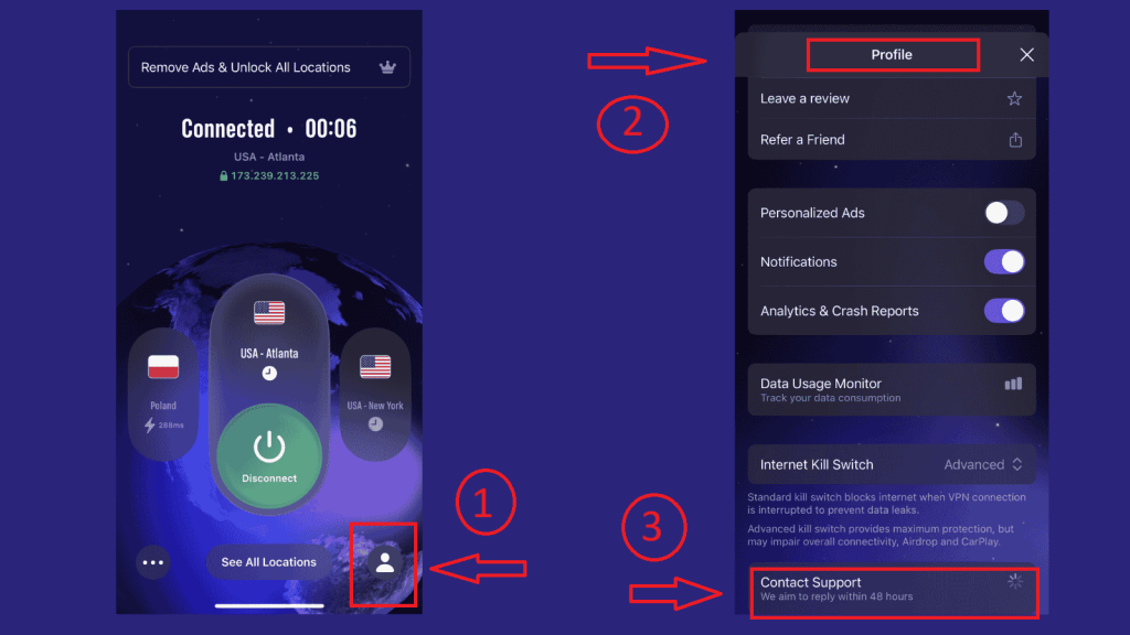 EventVPN Profile screen showing support options and privacy toggles