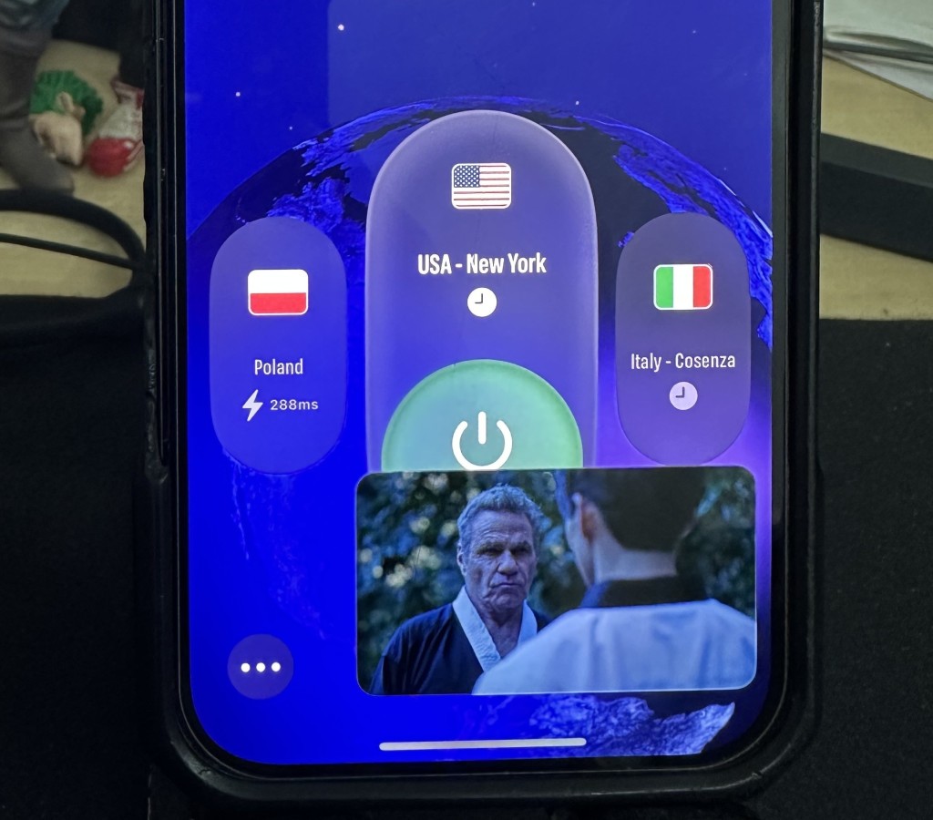 Martial arts scene playing on smartphone while connected to EventVPN