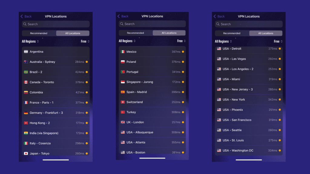VPN interface showing global server locations with latency indicators across multiple regions.
