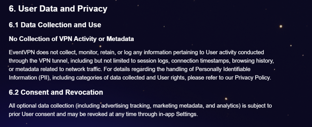 Privacy policy excerpt explaining EventVPN’s user data practices and consent-based tracking.