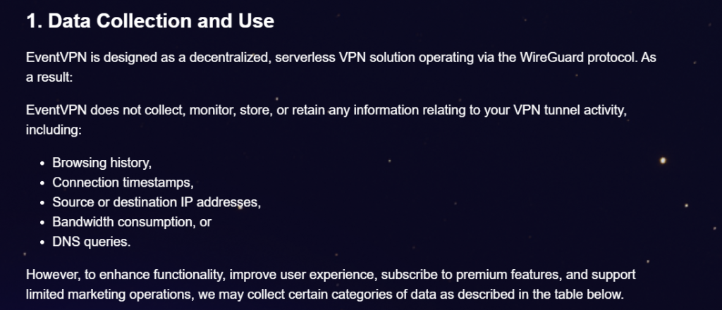 Privacy policy section detailing EventVPN’s no-logs stance and WireGuard-based architecture.