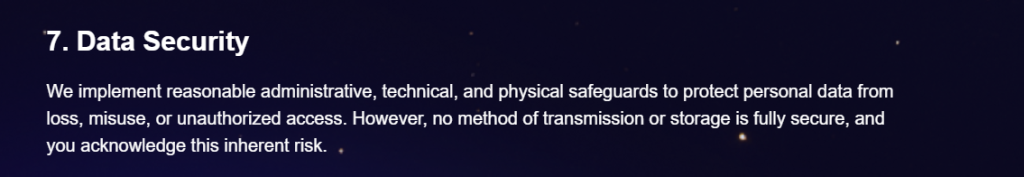 Privacy policy excerpt describing EventVPN’s data security safeguards and limitations.