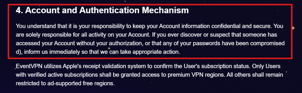 Account security and authentication policy outlining user responsibilities and subscription validation.