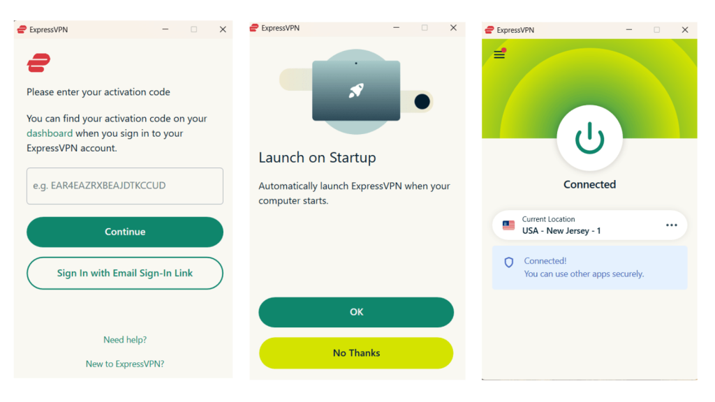 Going Through Initial ExpressVPN Setup- Use your ExpressVPN activation code to log in to your account (paste your activation code from your online dashboard).