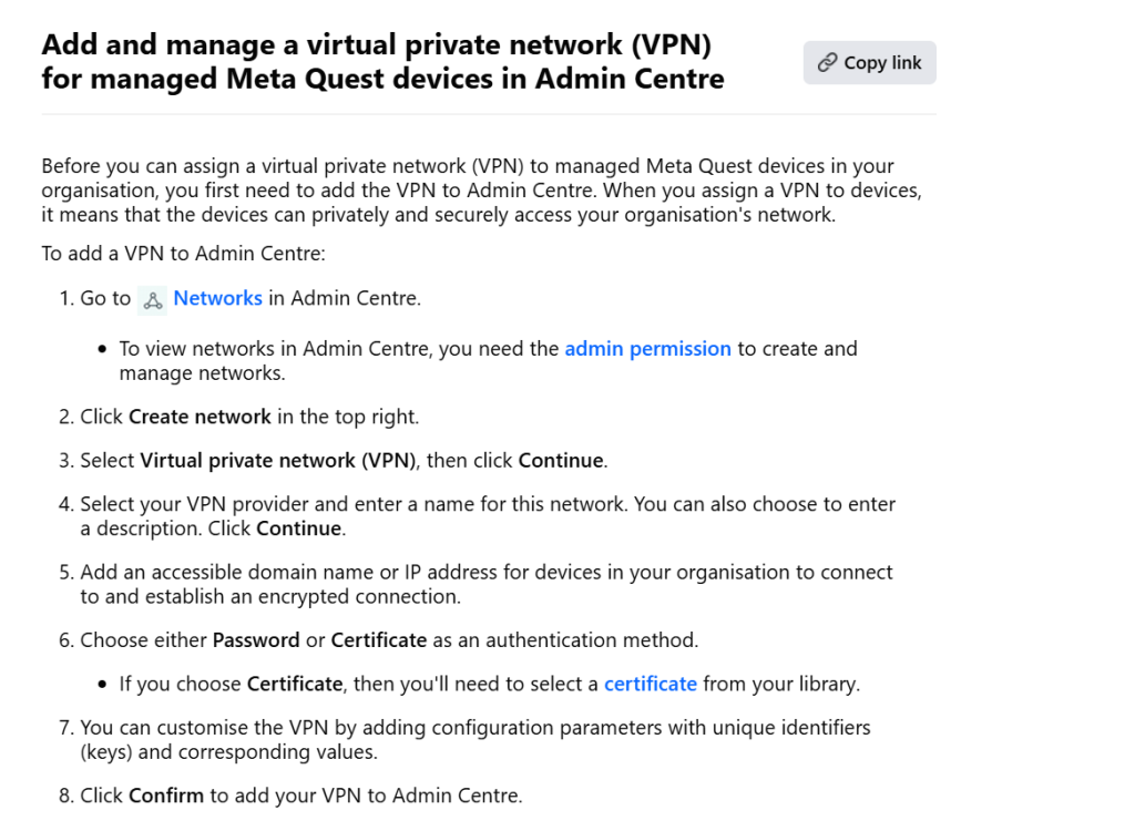 Step-by-step guide from Meta’s Admin Centre showing how to add and manage a VPN for Meta Quest devices.
