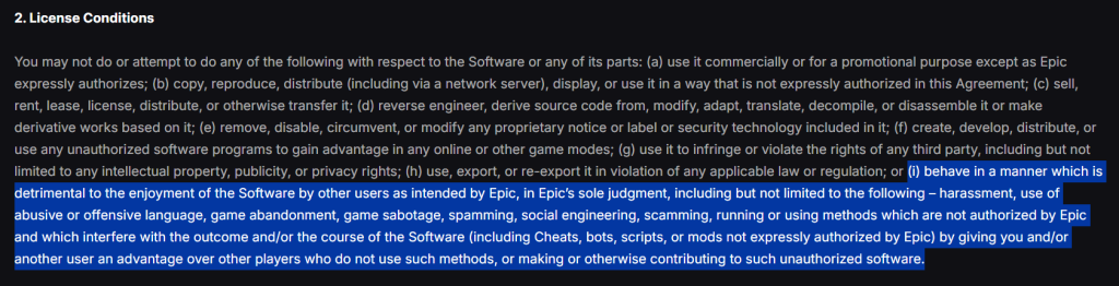 Screenshot of Epic Games’ license conditions highlighting prohibited behaviors including harassment, cheating, and unauthorized VPN use.