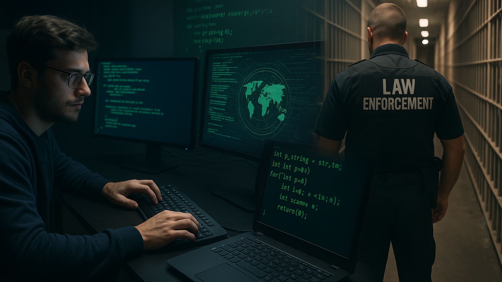 Hacker - Laptops - Global Map - Law Enforecement - Police