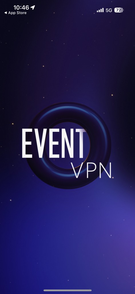 EventVPN splash screen with glowing ring and bold logo on a starry background.