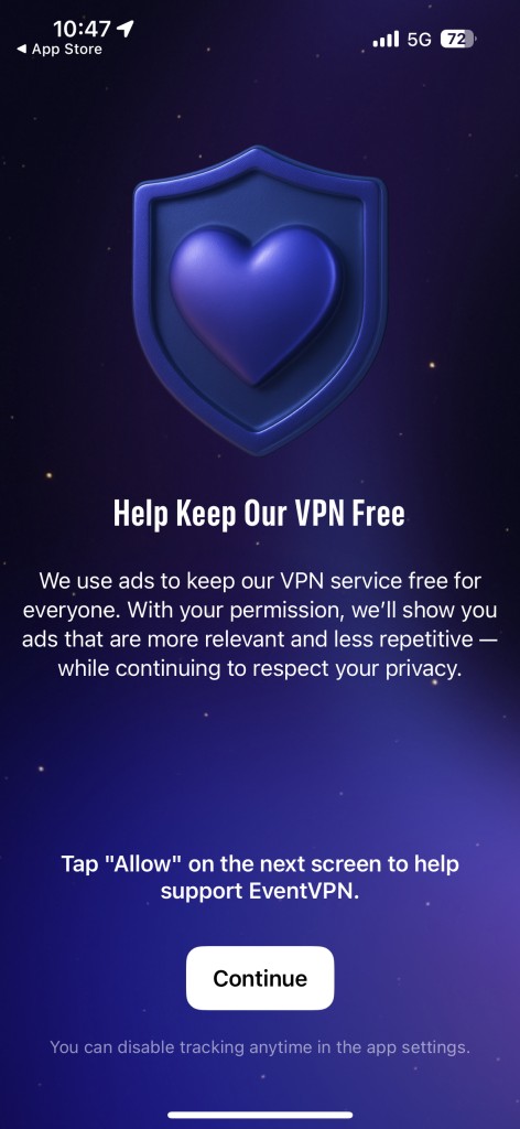 EventVPN screen explaining ad-based monetization and user privacy.
