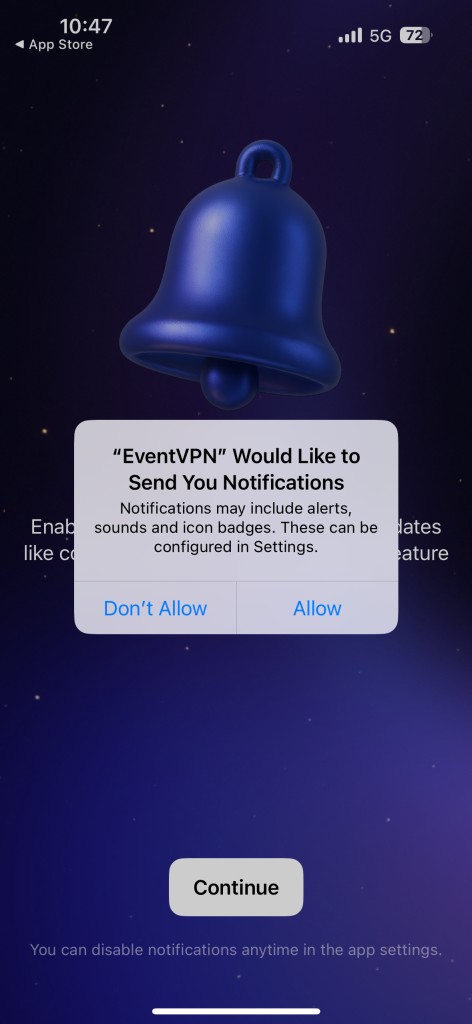 Notification permission prompt from EventVPN with “Allow” and “Don’t Allow” options.