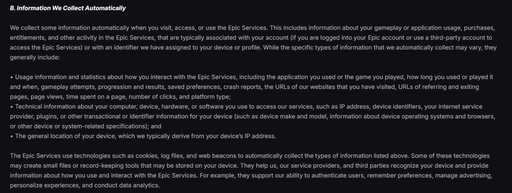 Screenshot from Epic’s privacy policy outlining automatic data collection such as IP address, device info, and gameplay statistics.