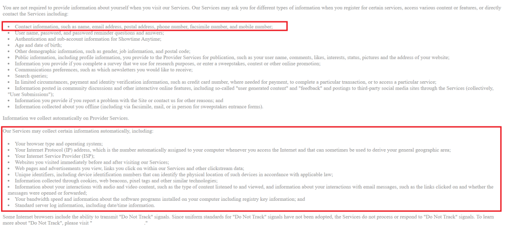 Privacy policy listing types of personal and device data collected automatically