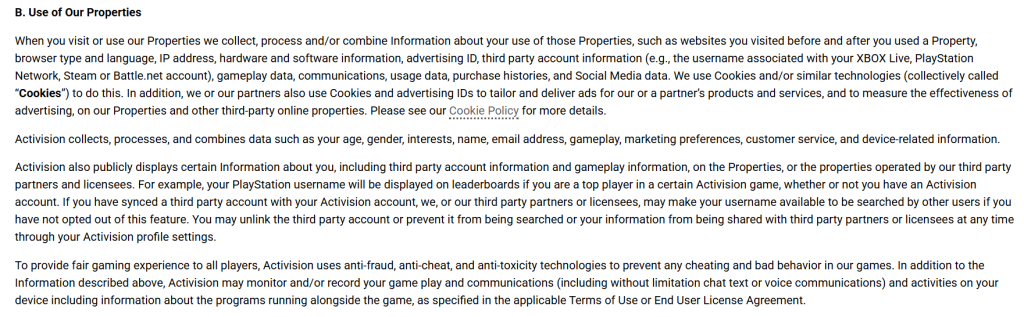 Screenshot from Activision’s privacy policy detailing data collection practices including voice, gameplay, device identifiers, and anti-cheat monitoring.
