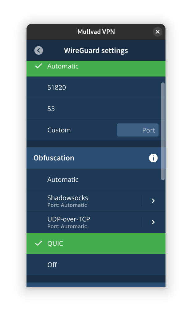 Mullvad Obfuscation QUIC for WireGuard