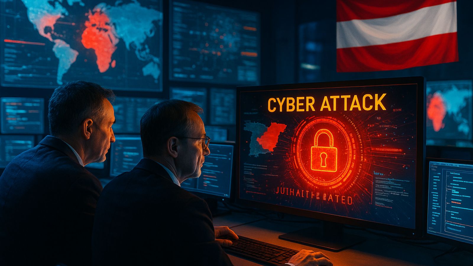 Officers - Laptop - Lock - Cyber Attack - Austria Flag - World Map