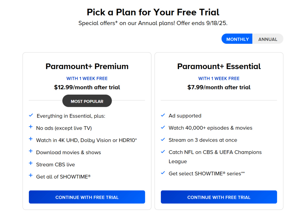 Paramount+ Monthly Plans: Paramount+ Essential and Paramount+ with SHOWTIME